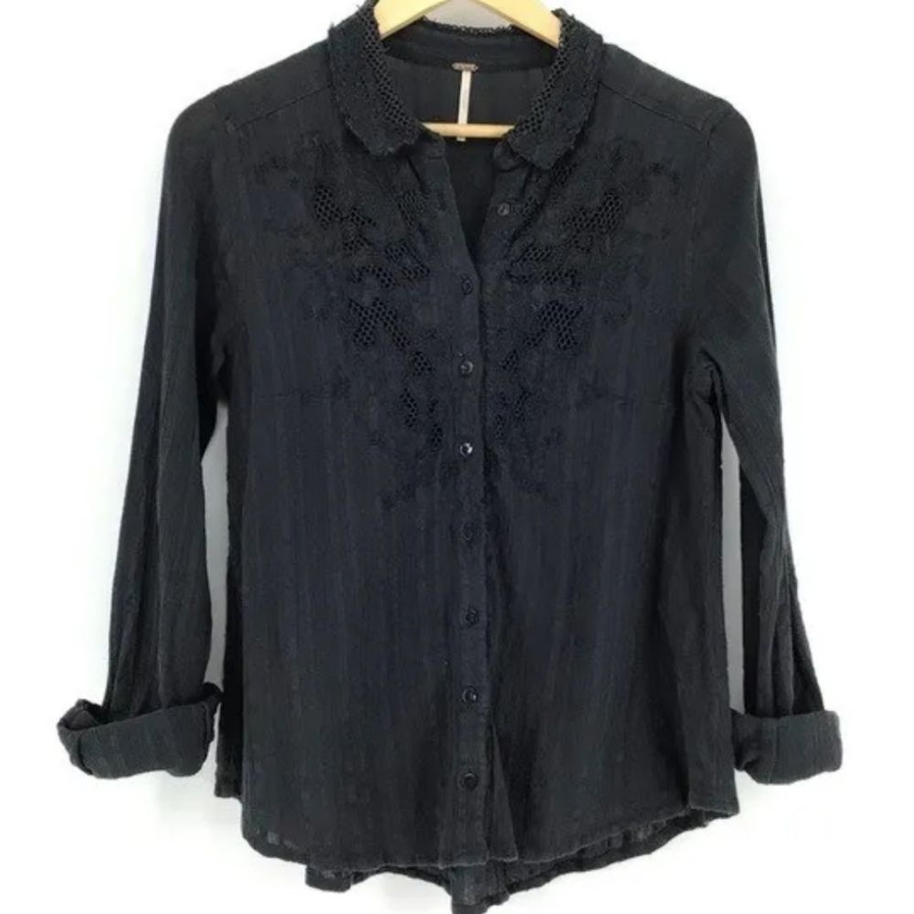 FREE People Charcoal Gray Floral Embroidered Button Down Blouse